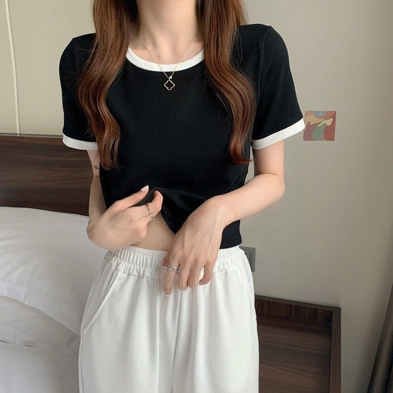 Women Short Sleeves T-shirt Summer Trendy Round Neck Contrast Color Blouse Slim Fit Pullover Tops black L
