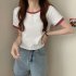 Women Short Sleeves T shirt Summer Trendy Round Neck Contrast Color Blouse Slim Fit Pullover Tops blue XXL