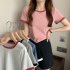 Women Short Sleeves T shirt Summer Trendy Round Neck Contrast Color Blouse Slim Fit Pullover Tops black L