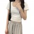 Women Short Sleeves T shirt Fashion Square Collar High Waist Crop Top Elegant Slim Fit Simple Solid Color Blouse White XXL