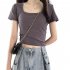 Women Short Sleeves T shirt Fashion Square Collar High Waist Crop Top Elegant Slim Fit Simple Solid Color Blouse White XXL