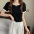 Women Short Sleeves T shirt Summer Trendy Round Neck Contrast Color Blouse Slim Fit Pullover Tops black L