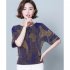 Women Short Sleeves T shirt Summer Retro Geometric Pattern Loose Blouse Contrast Color Round Neck Pullover Tops Purple M