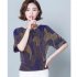 Women Short Sleeves T shirt Summer Retro Geometric Pattern Loose Blouse Contrast Color Round Neck Pullover Tops Purple XL