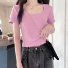 Women Short Sleeves T-shirt Fashion Square Collar High Waist Crop Top Elegant Slim Fit Simple Solid Color Blouse pink XXL