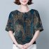 Women Short Sleeves T shirt Summer Retro Geometric Pattern Loose Blouse Contrast Color Round Neck Pullover Tops Purple 2XL