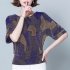 Women Short Sleeves T shirt Summer Retro Geometric Pattern Loose Blouse Contrast Color Round Neck Pullover Tops Purple 2XL