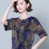 Women Short Sleeves T shirt Summer Retro Geometric Pattern Loose Blouse Contrast Color Round Neck Pullover Tops Purple 2XL