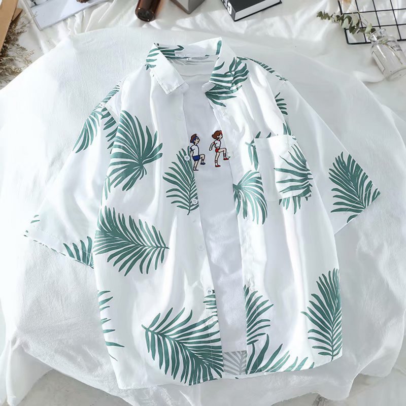 Women Short Sleeves T-shirt Summer Hawaiian Printing Beach Shirt Men Loose Casual Sunscreen Tops green XL