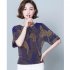 Women Short Sleeves T shirt Summer Retro Geometric Pattern Loose Blouse Contrast Color Round Neck Pullover Tops Purple 3XL