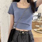 Women Short Sleeves T-shirt Fashion Square Collar High Waist Crop Top Elegant Slim Fit Simple Solid Color Blouse blue L