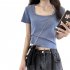 Women Short Sleeves T shirt Fashion Square Collar High Waist Crop Top Elegant Slim Fit Simple Solid Color Blouse blue L