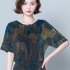 Women Short Sleeves T shirt Summer Retro Geometric Pattern Loose Blouse Contrast Color Round Neck Pullover Tops green M