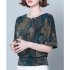 Women Short Sleeves T shirt Summer Retro Geometric Pattern Loose Blouse Contrast Color Round Neck Pullover Tops green M