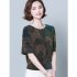 Women Short Sleeves T shirt Summer Retro Geometric Pattern Loose Blouse Contrast Color Round Neck Pullover Tops green M