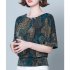 Women Short Sleeves T shirt Summer Retro Geometric Pattern Loose Blouse Contrast Color Round Neck Pullover Tops green L