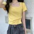 Women Short Sleeves T shirt Fashion Square Collar High Waist Crop Top Elegant Slim Fit Simple Solid Color Blouse yellow M
