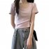 Women Short Sleeves T shirt Fashion Square Collar High Waist Crop Top Elegant Slim Fit Simple Solid Color Blouse yellow M