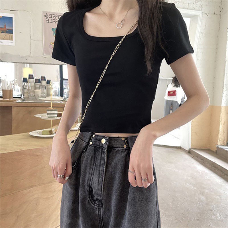 Women Short Sleeves T-shirt Fashion Square Collar High Waist Crop Top Elegant Slim Fit Simple Solid Color Blouse black L