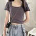 Women Short Sleeves T shirt Fashion Square Collar High Waist Crop Top Elegant Slim Fit Simple Solid Color Blouse black L
