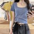 Women Short Sleeves T shirt Fashion Square Collar High Waist Crop Top Elegant Slim Fit Simple Solid Color Blouse black L