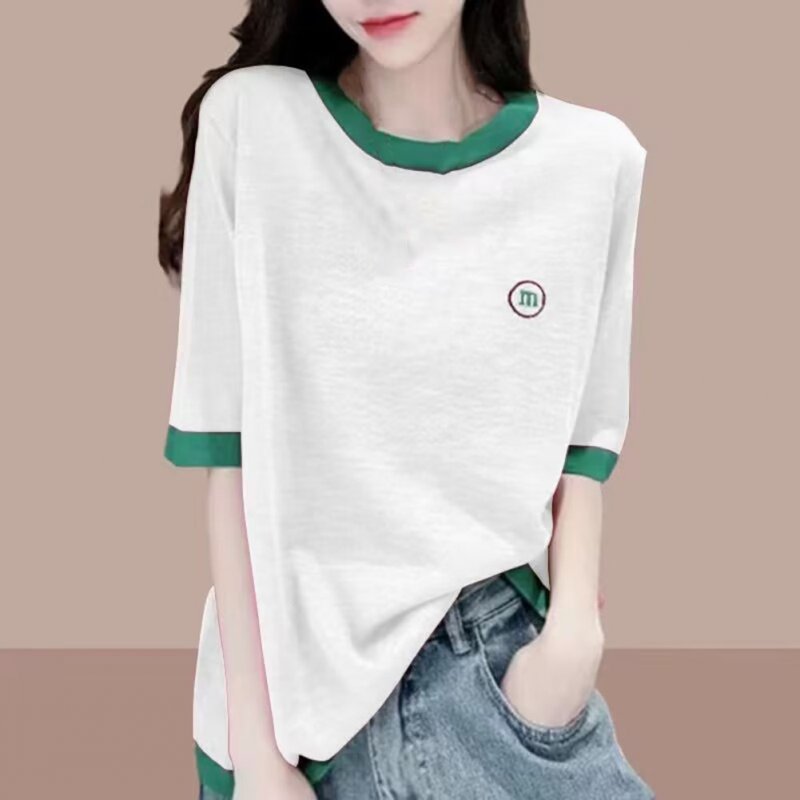 Women Short Sleeves T-shirts Summer Thin Fashion Round Neck Contrast Color Blouse Large Size Loose Casual Tops White M