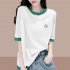 Women Short Sleeves T shirts Summer Thin Fashion Round Neck Contrast Color Blouse Large Size Loose Casual Tops White M