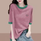 Women Short Sleeves T-shirts Summer Thin Fashion Round Neck Contrast Color Blouse Large Size Loose Casual Tops Purple M