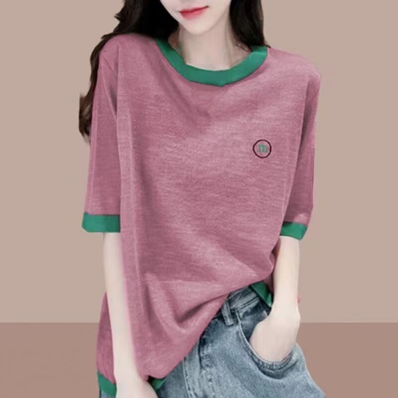 Women Short Sleeves T-shirts Summer Thin Fashion Round Neck Contrast Color Blouse Large Size Loose Casual Tops Purple 3XL