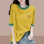 Women Short Sleeves T-shirts Summer Thin Fashion Round Neck Contrast Color Blouse Large Size Loose Casual Tops yellow L