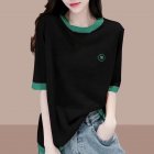Women Short Sleeves T-shirts Summer Thin Fashion Round Neck Contrast Color Blouse Large Size Loose Casual Tops black L
