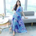 Women Short Sleeves V Neck Dress Fashion Bohemian Printing Mid-length Skirt High Waist Large Swing Dress blue 3XL