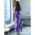 Women Short Sleeves V Neck Dress Fashion Bohemian Printing Mid length Skirt High Waist Large Swing Dress Purple L