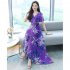 Women Short Sleeves V Neck Dress Fashion Bohemian Printing Mid length Skirt High Waist Large Swing Dress Purple M