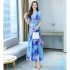 Women Short Sleeves V Neck Dress Fashion Bohemian Printing Mid length Skirt High Waist Large Swing Dress blue M