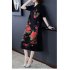Women Short Sleeves V Neck Dress Large Size Casual Loose A line Skirt Ethnic Style Printing Dress d26 gold M