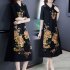 Women Short Sleeves V Neck Dress Large Size Casual Loose A line Skirt Ethnic Style Printing Dress d26 gold M