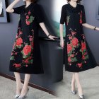 Women Short Sleeves V Neck Dress Large Size Casual Loose A-line Skirt Ethnic Style Printing Dress d26 red M