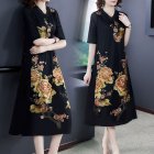 Women Short Sleeves V Neck Dress Large Size Casual Loose A-line Skirt Ethnic Style Printing Dress d26 gold XL