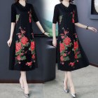 Women Short Sleeves V Neck Dress Large Size Casual Loose A-line Skirt Ethnic Style Printing Dress d26 red XL