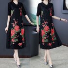 Women Short Sleeves V Neck Dress Large Size Casual Loose A-line Skirt Ethnic Style Printing Dress d26 red 3XL