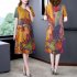 Women Short Sleeves V neck Dress Summer Retro Printing A line Skirt Elegant Large Size High Waist Casual Dress yellow 3XL