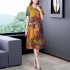 Women Short Sleeves V neck Dress Summer Retro Printing A line Skirt Elegant Large Size High Waist Casual Dress yellow 3XL