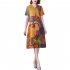 Women Short Sleeves V neck Dress Summer Retro Printing A line Skirt Elegant Large Size High Waist Casual Dress yellow 3XL