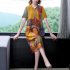 Women Short Sleeves V neck Dress Summer Retro Printing A line Skirt Elegant Large Size High Waist Casual Dress yellow 3XL