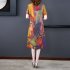 Women Short Sleeves V neck Dress Summer Retro Printing A line Skirt Elegant Large Size High Waist Casual Dress yellow 3XL