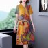 Women Short Sleeves V neck Dress Summer Retro Printing A line Skirt Elegant Large Size High Waist Casual Dress yellow 3XL