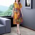 Women Short Sleeves V neck Dress Summer Retro Printing A line Skirt Elegant Large Size High Waist Casual Dress yellow 5XL