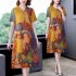 Women Short Sleeves V neck Dress Summer Retro Printing A line Skirt Elegant Large Size High Waist Casual Dress yellow 5XL