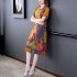 Women Short Sleeves V neck Dress Summer Retro Printing A line Skirt Elegant Large Size High Waist Casual Dress yellow 5XL